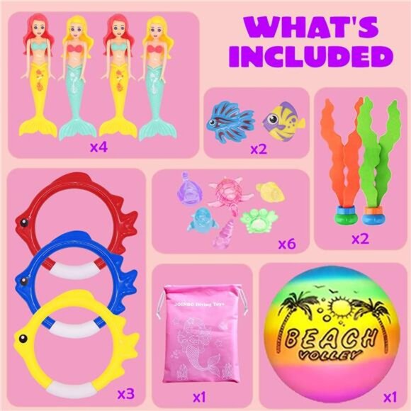 Girls 18 Pcs Diving Pool Toys for Kids Ages 3-12 Set with Storage Bag Pool Games - Picture 6 of 6